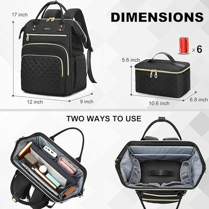 Lunch Backpack, 15.6 inch Laptop Backpack with Insulated Lunch Bag, Backpack Cooler for Women, Large Travel Backpack Lunch Box Compartment, Work Computer Backpack, Teacher College Book Bag, Black
