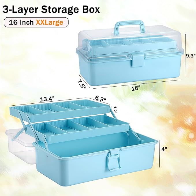Tackle Box, 16-Inch Extra Large Art Storage Box with 3-Layer Folding Trays, Multipurpose Craft Organizers and Storage w/ Adjustable Dividers, Portable Tool Box for Sewing Supplies,Medicine &Cosmetics