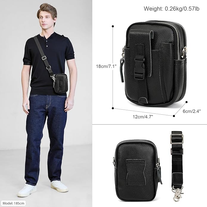 LANNSYNE Small Leather Messenger Bag, 3-in-1 Crossbody Shoulder Bag & Waist Belt Pouch, Sling Purse for Travel Business