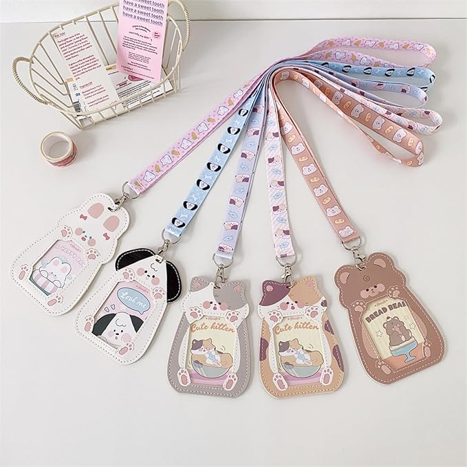Cute Badge Holder Lanyard Cartoon Bunny ID Card Holder Kawaii ID Badge Keys Lanyard Strap Neck Lanyard PU Leather Badge Holder for Women Girls Boys (Bunny)