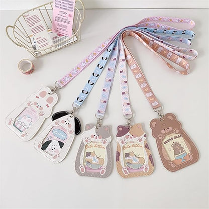 Cute Badge Holder Lanyard Cartoon Bunny ID Card Holder Kawaii ID Badge Keys Lanyard Strap Neck Lanyard PU Leather Badge Holder for Women Girls Boys (Bunny)
