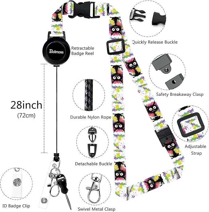 bolimoss Burnt Cat ID Badge Holder with Retractable Badge Reels, Funny Leather ID Badge Holder with Lanyard, Breakaway Neck Lanyards with Quick Release Buckles, ID Card Holder for Teacher Student Kids