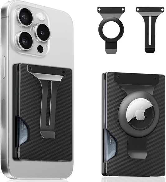 Magnetic Phone Wallet Compatible with Apple MagSafe - Metal Card Holder with AirTag Holder, RFID Blocking & Money Clip Mag Safe Wallet for iPhone 16 15 14 13 12 Pro Max/Pro/Plus/Mini,Carbon Fiber