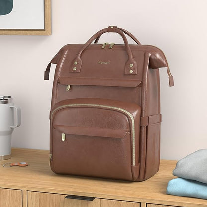 LOVEVOOK Leather Laptop Backpack for Women 17 inch, Travel Backpack Purse, Professional College Business Work Bag with USB Port, Red Brown