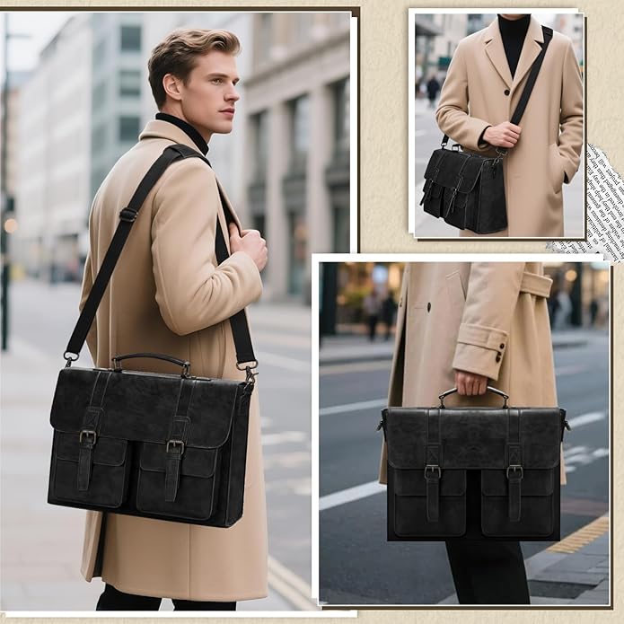 Leather Messenger Bag for Men 15.6 Inch Vintage Laptop Bag Waterproof Briefcases for Men Computer Bag Satchel for Work/Office