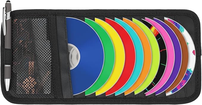 Car CD Case Holder Car Visor CD Holder DVD Vehicle Visor Storage Orangizer Large Capacity Sun Visors Organizer for CDs Visors Case with 12 DVD Storage Sleeves Mesh Pocket Pen Holders and Elastic Strap