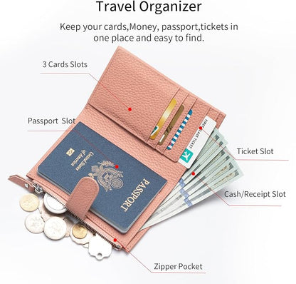 Passport wallet and Card Slot Combo RFID Blocking Slim Leather Travel Passport Wallet for Men and Women with Zippered Coins Pocket Passport holder,Pink