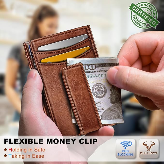BULLIANT Magnetic Closure Slim Wallet-Genuine Leather Front Pocket Wallet for Men,RFID Blocking,Holds 12 Cards and Money Clip