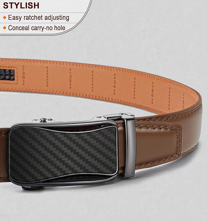BULLIANT Mens Ratchet Belt,Leather Adjustable Slide Belt For Gift Mens Dress Casual 1 3/8",Size Adjustable