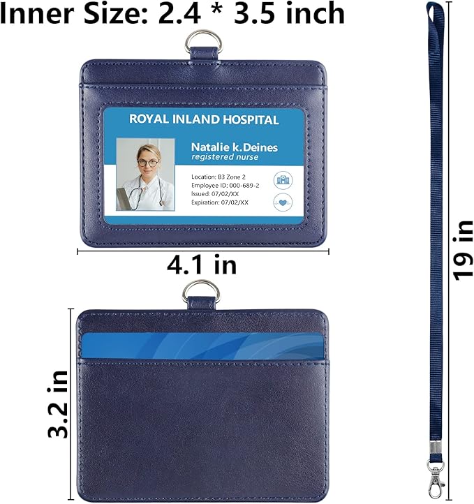 Teskyer Badge Holder with Lanyard, Leather ID Name Badge Card Holder with Lanyard for ID Badges, Horizontal Blue