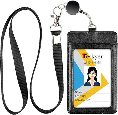 Teskyer Leather Badge Holder with Lanyard and Badge Reel, Retractable Lanyard ID Card Holder for Office School Name Work IDs, Black