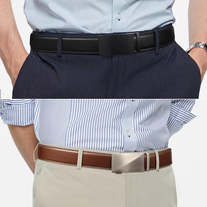 Founders & C Mens Belt 2 Pack,Leather Ratchet Click Belt Dress with Slide Buckle 1 3/8" in Gift Set Box- Size Adjustable