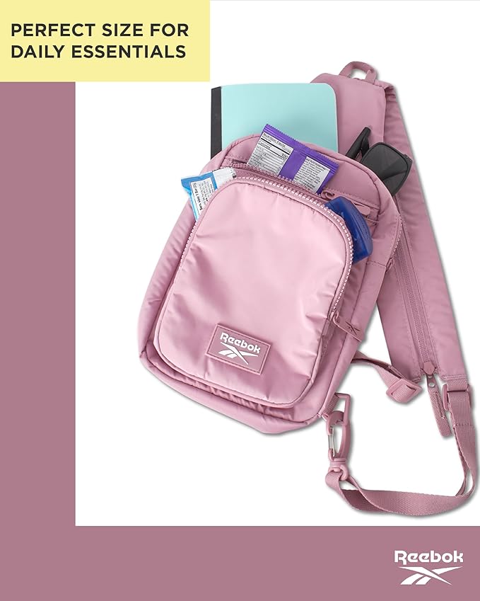 Reebok Unisex Crossbody Sling Bags – Compact Convertible Strap Cross Body Bag Travel Sling Bag - Gym & Travel Essential, Cosmos Infused Lilac