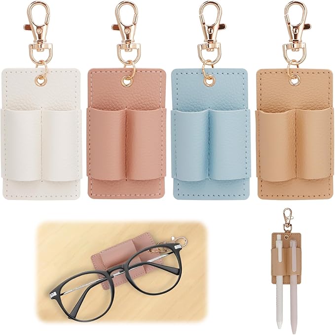4PCS Double Hole Pen Holder for Lanyard, Anti-Lost PU Leather Lanyard Pen Clip for Badge Keychain, Pocket Pencil Pen Keychain for Nurses Courier Clerk Office (Pink Beige White Blue)