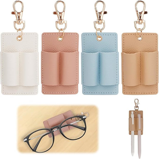 4PCS Double Hole Pen Holder for Lanyard, Anti-Lost PU Leather Lanyard Pen Clip for Badge Keychain, Pocket Pencil Pen Keychain for Nurses Courier Clerk Office (Pink Beige White Blue)