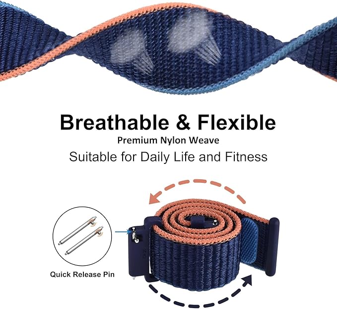 WOCCI 22mm Adjustable Nylon Watch Band, Quick Release Sport Loop Strap (Navy Blue)