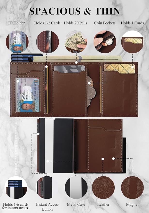 Pop Up Wallet for Men, Leather & Aluminum-Trifold Wallet for Men, Holds 12 Cards,20 Bills,Coins, ID Window, Functional & Minimalist Wallet, RFID Wallet for Men, Brown