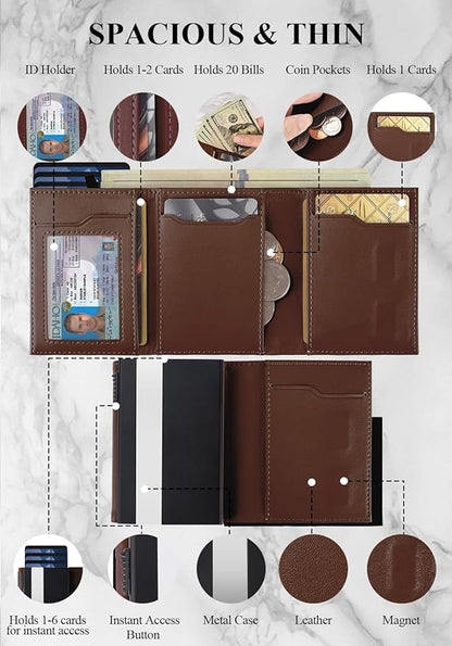 Pop Up Wallet for Men, Leather & Aluminum-Trifold Wallet for Men, Holds 12 Cards,20 Bills,Coins, ID Window, Functional & Minimalist Wallet, RFID Wallet for Men, Brown