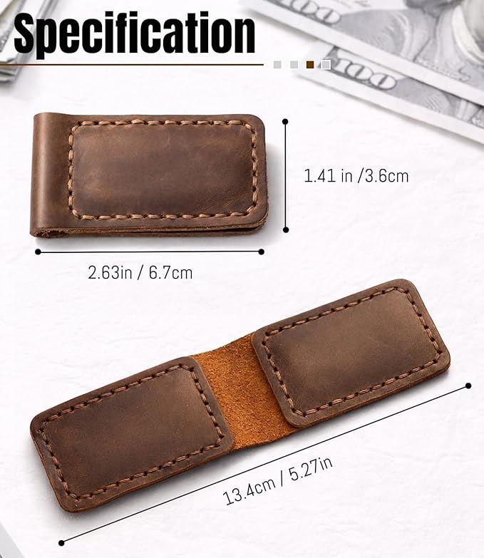 Slim Magnetic Money Clip, Genuine Leather Business Card Holder, Gift Box Included