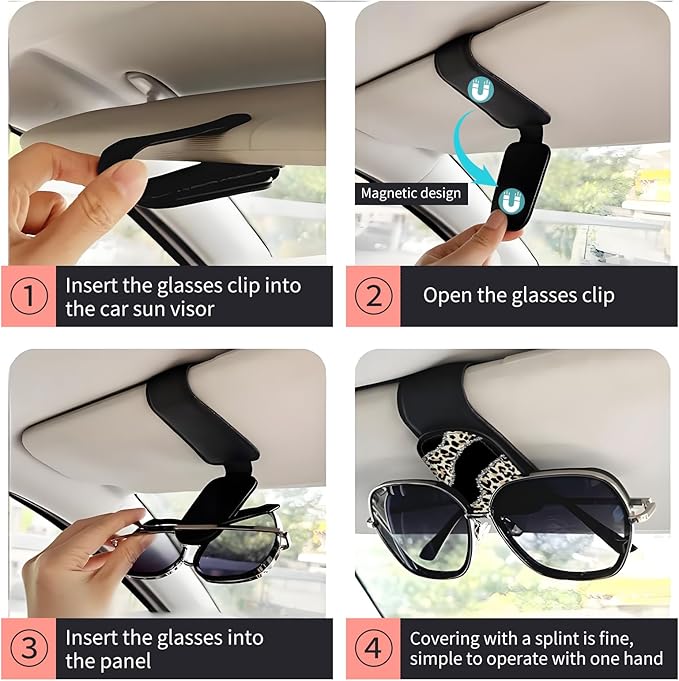 Sunglasses Holder for Car Visor, PU Leather Glasses Clip Organizer, Cute Magnetic Eyeglass Holder for Vehicle Sun Visor, Car Interior Accessory for Women & Men Shining Leopard Stripes