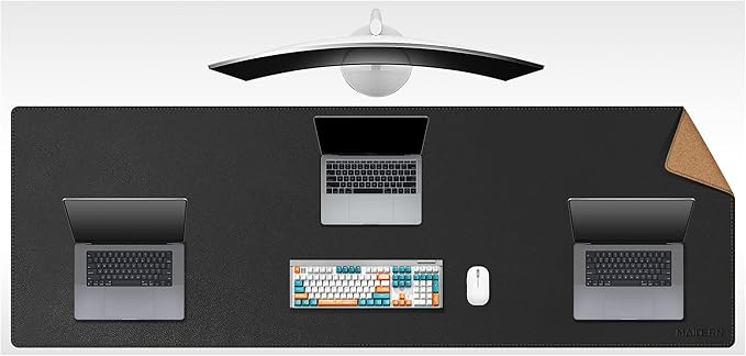 MAIDERN 70.8”x 23.6” Leather Desk Mat XXL, Large Desk Pad, Reversible Cork & Leather Large Mouse pad for Desk, Waterproof Computer Desk Mat for Gaming Home Office (Black) …