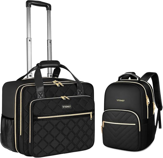 Ytonet Rolling Briefcase for Women, 2pcs Set 15.6 Inch Travel Backpack with 17.3 Inch Rolling Laptop Bag, Large Roller Laptop Briefcase with Wheels, Water Resistant Roller Teacher Bag for work, Black