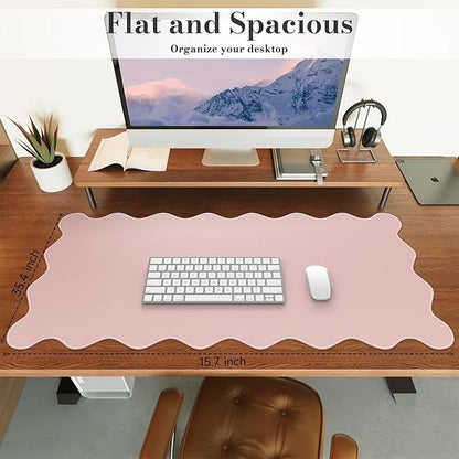 iCasso Leather Desk Pad Pink,Extra Large Mouse Pad for Desktop,Waterproof PU Nail Table Mat,Cute Scalloped Keyboard Mats for Women Girl,Non-Slip Desk Cover Mat for Office Home Dorm