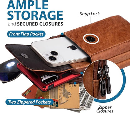 Hengwin Genuine Leather Phone Holster for Belt Men, Belt Clip Wallet Case Fit for iPhone 16/15/14/13/12 Pro Max, Samsung Galaxy S25 Ultra Belt Pouch, Travel Crossbody Cell Phone Purse Belt Bag (Brown)