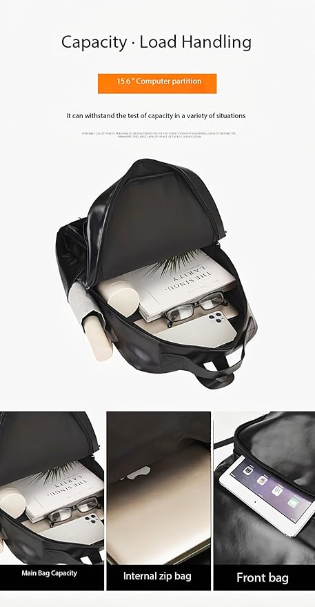 Unisex PU leather laptop bag work business bag hiking backpack leisure day bag university schoolbag (Large,Black 5)