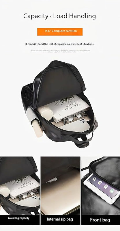 Unisex PU leather laptop bag work business bag hiking backpack leisure day bag university schoolbag (Large,Black 5)