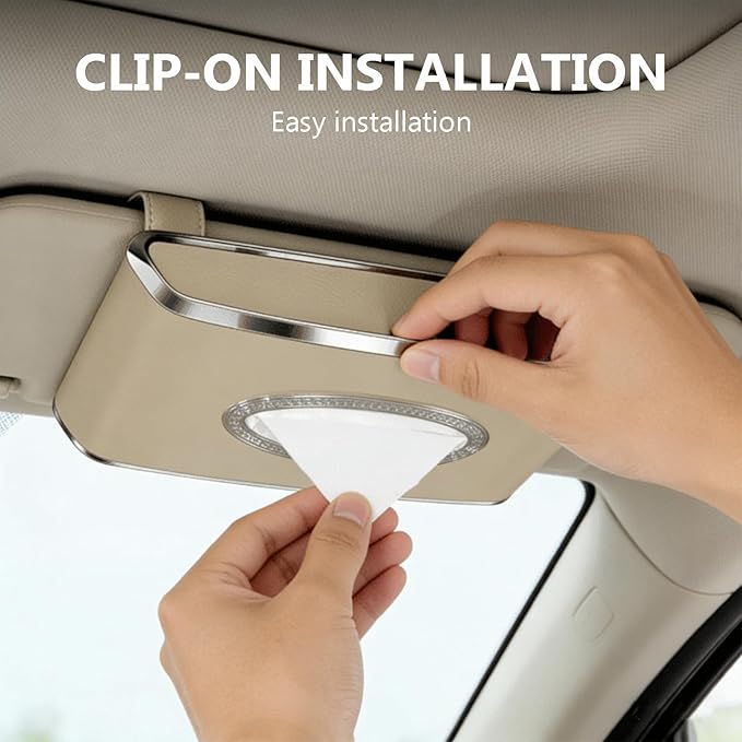 Leather Car Tissue Box for Car Interior, Multi-Function Tissue Holder with Visor Clip, Armrest & Back Seat Napkin Organizer, Vehicle Tissue Dispenser Accessories (Beige Hanging)