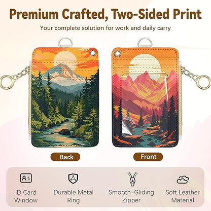 Sunset Leather Badge Holder with Zipper Pocket, Vintage Mountain Work Lanyards and 1 Zip Pocket and 4 Card Slots, Pink Bow Breakaway Lanyards with Metal Clasp for Boys, Adult, Teachers