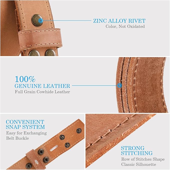 NPET Men's Full Grain Leather Belt Vintage Distressed Style with Snap-On Strap 1 1/2" Wide without Buckle