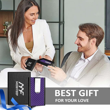 MOSIYEEF Slim Leather Card Holder RFID Wallet for Men - Minimalist Pop Up Men Wallet with Money Clip-wrapped Compact Carbon Fiber Wallet for 6 Credit Cards - Gifts for Him, Lilac Purple