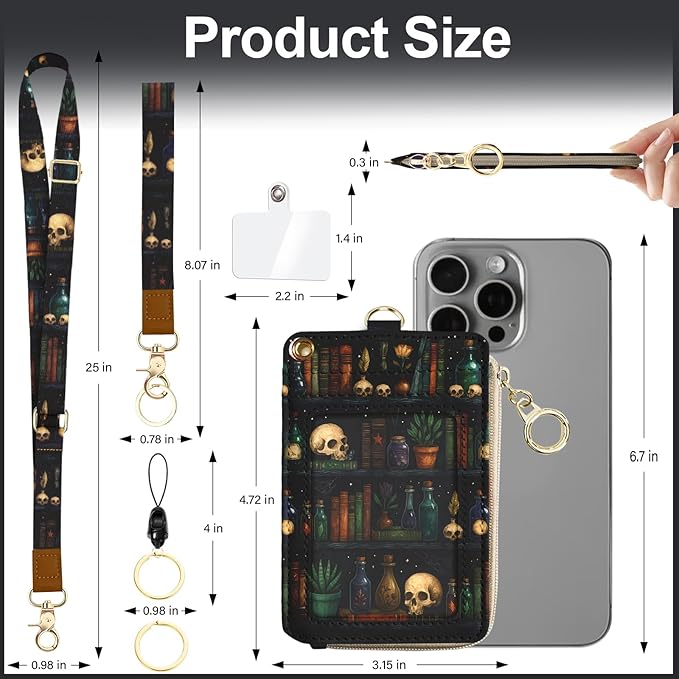 Goth Bookshelf Skull Lanyard Wallet with ID Badge Holder,Gothic RFID Wallet Women Keychain Wristlet,Witchy Skeleton Slim Credit Card Holder with Zipper Pocket Phone Lanyard Wrist Strap Office Gifts