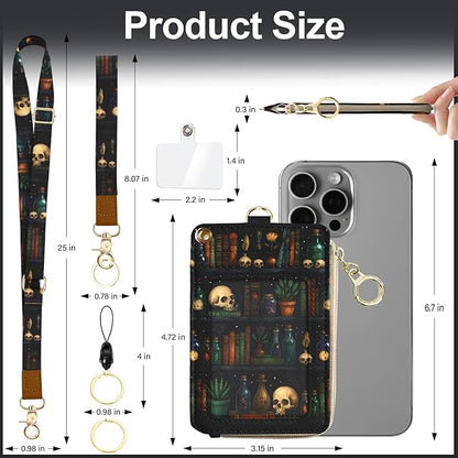 Goth Bookshelf Skull Lanyard Wallet with ID Badge Holder,Gothic RFID Wallet Women Keychain Wristlet,Witchy Skeleton Slim Credit Card Holder with Zipper Pocket Phone Lanyard Wrist Strap Office Gifts