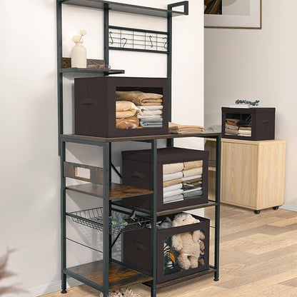 Homsorout Stackable Storage Bins with Lids - Large Storage Box with Lids, Foldable Closet Boxes for Organizing, Wardrobe Clothes Organizer with Window, Cubes Bins for Living Room, 3 Pack, Brown
