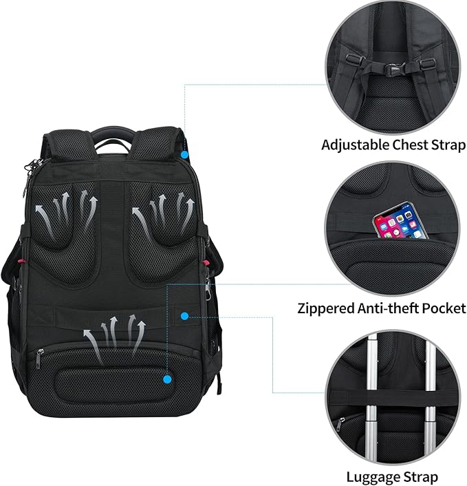 KROSER TSA Friendly Travel Laptop Backpack 17.3 inch XXXL Gaming Backpack Water-Repellent College Daypack Business Backpack with RFID Pockets & USB Port for Men/Women-Black/Grey