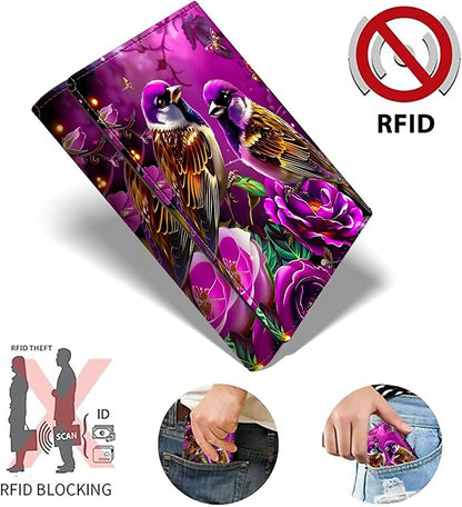 Minimalist Wallet for Men's Card Holders, Pop-Up Card Case Wallets for Women, Leather Automatic Credit Card Holder with Metal Money Clip RFID Blocking Bifold Pocket, 2 Hummingbird Flowers