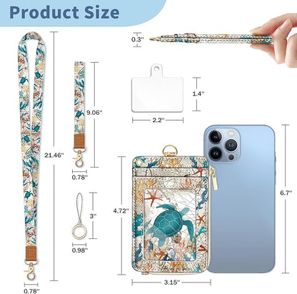 Lanyard Wallet with Id Badge Holder, Sea Turtle RFID Small Keychain Wallet Women Wristlet, Cute Zipper Credit Card Holder Phone Wrist Neck Strap for Key Name Tag, Teacher Student Office Gifts