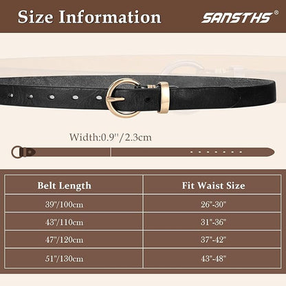 SANSTHS Womens Genuine Leather Belts for Jeans Pants Trendy Vintage Thin Leather Belt Gold Buckle Ladies Skinny Waist Belt