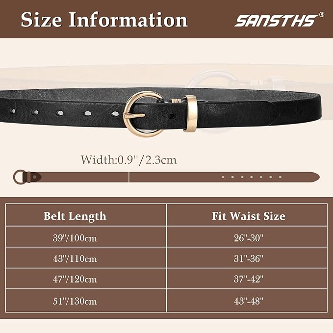 SANSTHS Womens Genuine Leather Belts for Jeans Pants Trendy Vintage Thin Leather Belt Gold Buckle Ladies Skinny Waist Belt