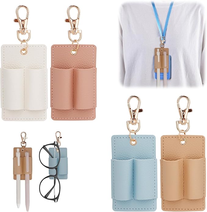 4PCS Double Hole Pen Holder for Lanyard, Anti-Lost PU Leather Lanyard Pen Clip for Badge Keychain, Pocket Pencil Pen Keychain for Nurses Courier Clerk Office (Pink Beige White Blue)