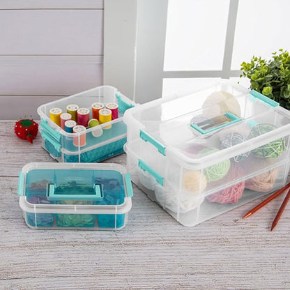Sterilite 24 Pack Plastic Storage Box Container, 3 Layer, Stack and Carry, Clear/Blue