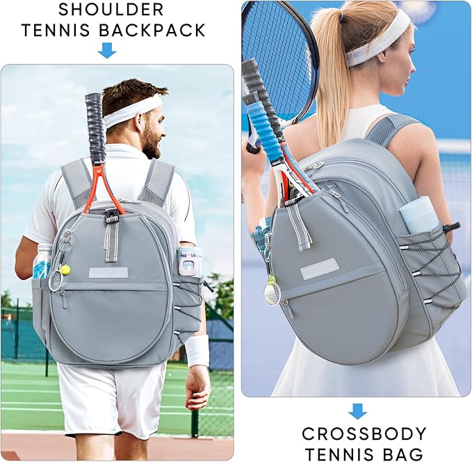 Tennis Backpack with 2 Rackets Holder, Water-Resistant PU Leather Tennis Racket Bag for Women & Men, Sling Crossbody Sports Backpack for Tennis, Pickleball & Badminton, Tennis Gifts