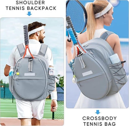 Tennis Backpack with 2 Rackets Holder, Water-Resistant PU Leather Tennis Racket Bag for Women & Men, Sling Crossbody Sports Backpack for Tennis, Pickleball & Badminton, Tennis Gifts