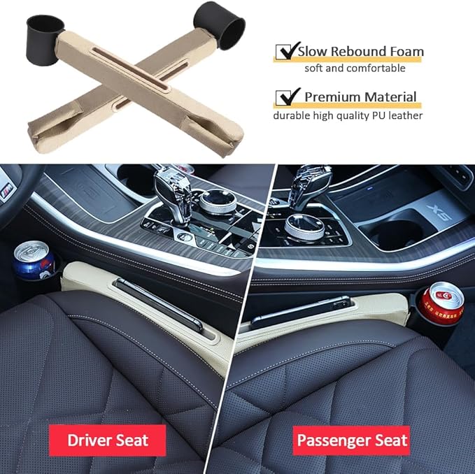 Car Seat Gap Filler 2 Pack,Car Seat Gap Filler Organizer,Car Seat Gap Plug with Storage Slot,3 in 1 Car Seat Gap Filler with Cup Holder,Prevent Small Items from Falling(Beige)