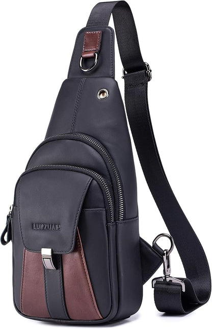 LUKZIJAES Genuine Leather Sling Bag for Men Contrast Color Vintage Crossbody Bag Men Chest Pack Mens Cross Shoulder Bags Hiking Daypacks Travel Backpack (#2-Black)