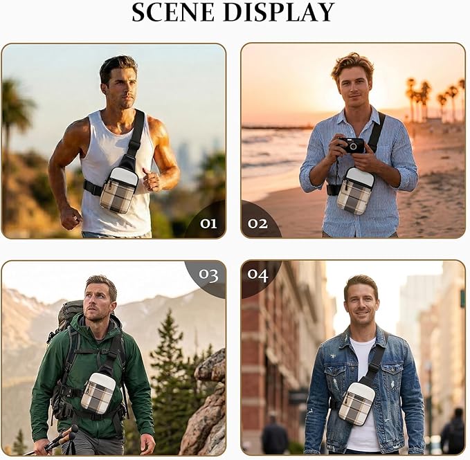 Mini Crossbody Sling Bag, PU Leather Chest Bag with Checkered Pattern, Dual Pocket Water Resistant Fanny Pack, Running Phone Holder for Men Women Workout Travelling(Scottish Tartan)