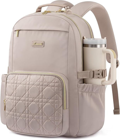 LOVEVOOK Laptop Backpack for Women with Pouch Pocket for Large Capacity Cup,15.6 Inch Teacher Nurse College Work Backpack Purse,Waterproof Laptop Bag Computer Back Pack for Travel, Nude+Wicker pattern